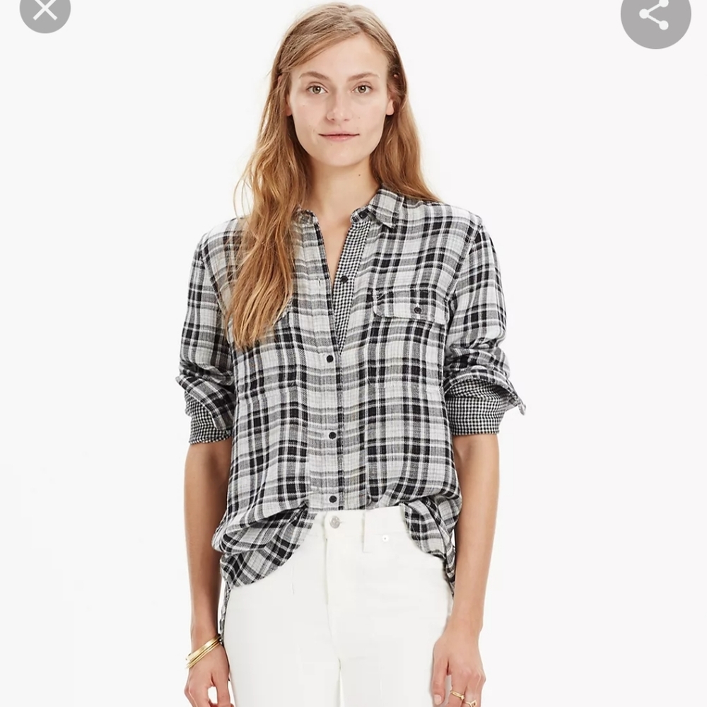 Madewell Ex-Boyfriend Button Down Shirt in Kemp Plaid Black White Size Small